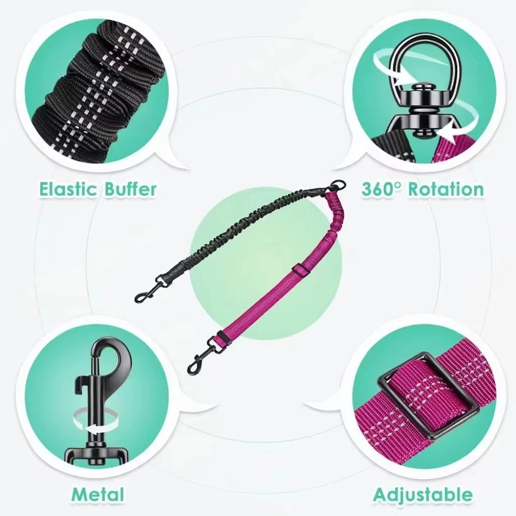 No-Tangle Dual Dog Leash Attachment- Tension Absorbing Double Lead for Easy Walks