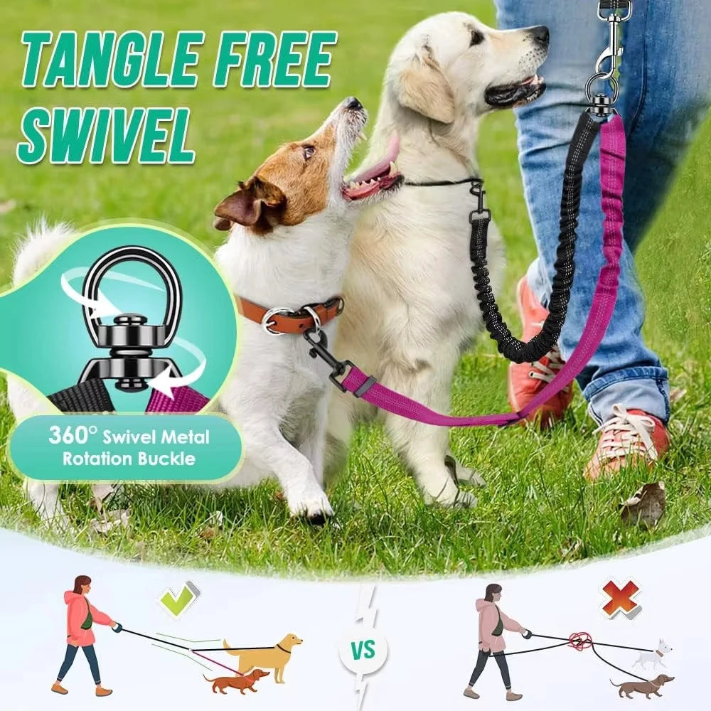 No-Tangle Dual Dog Leash Attachment- Tension Absorbing Double Lead for Easy Walks